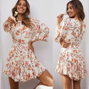 Selfie Leslie Rosabel Balloon Sleeve Fluted Hem Dress Vintage Floral Print sz XS